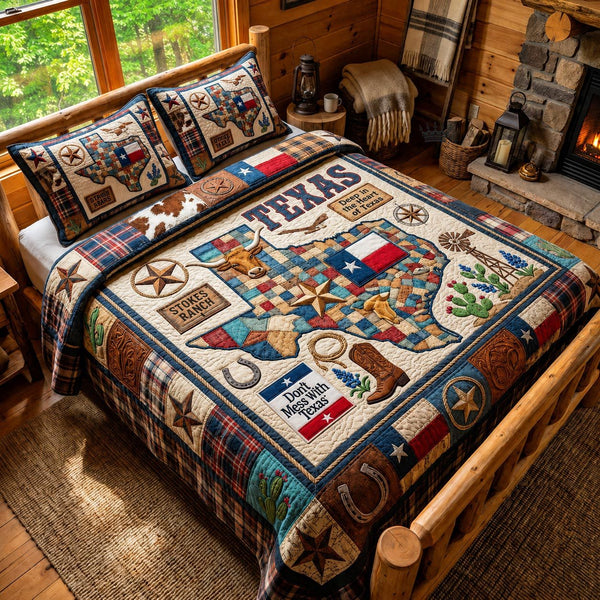 Lone Star quilted 3-piece bedding set on a made bed with two matching pillow shams