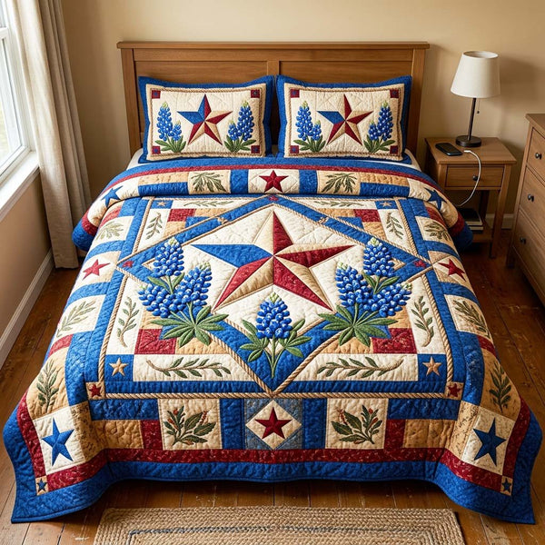 Lone Star quilted 3-piece bedding set on a made bed with two matching pillow shams