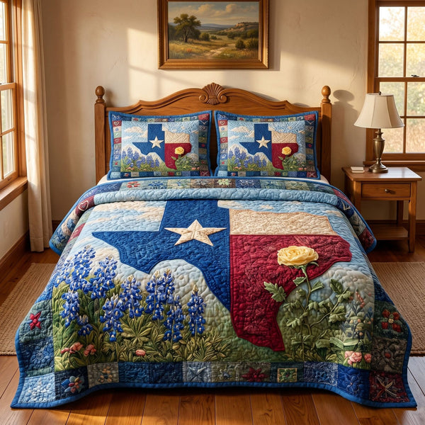 Lone Star quilted 3-piece bedding set on a made bed with two matching pillow shams