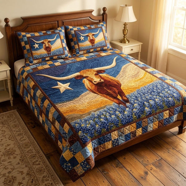 Lone Star quilted 3-piece bedding set on a made bed with two matching pillow shams