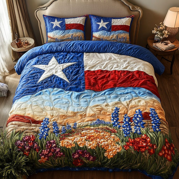Lone Star quilted 3-piece bedding set on a made bed with two matching pillow shams
