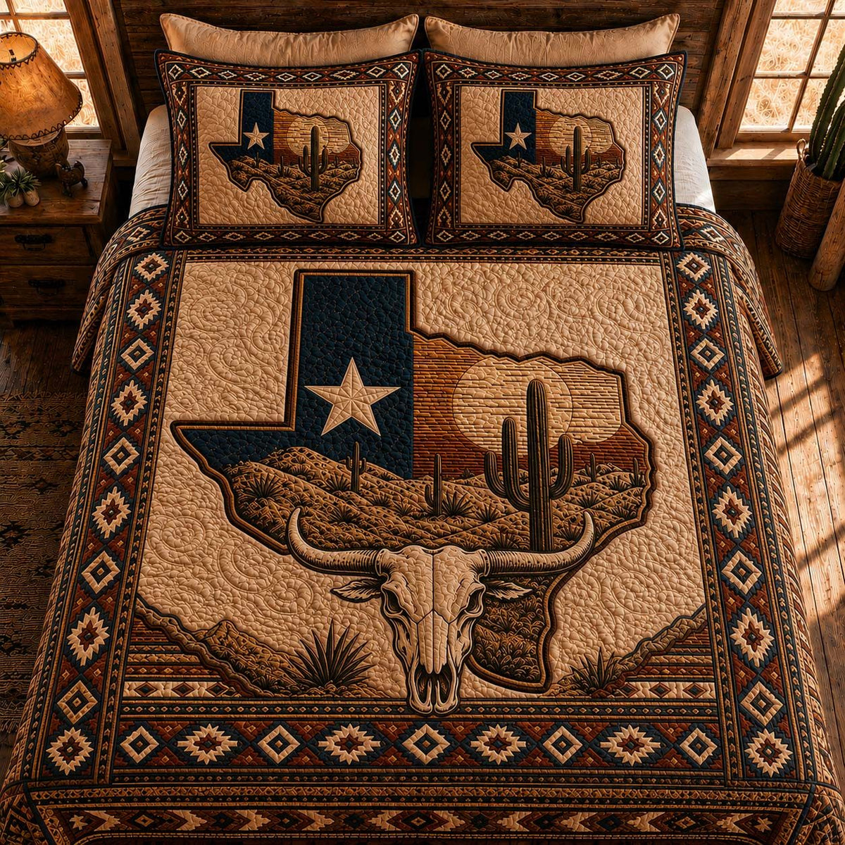 Lone Star Range quilted 3-piece bedding set on a made bed with two matching pillow shams