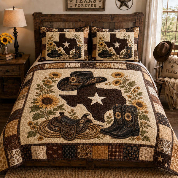 Lone Star Saddle quilted 3-piece bedding set on a made bed in a rustic timber bedroom