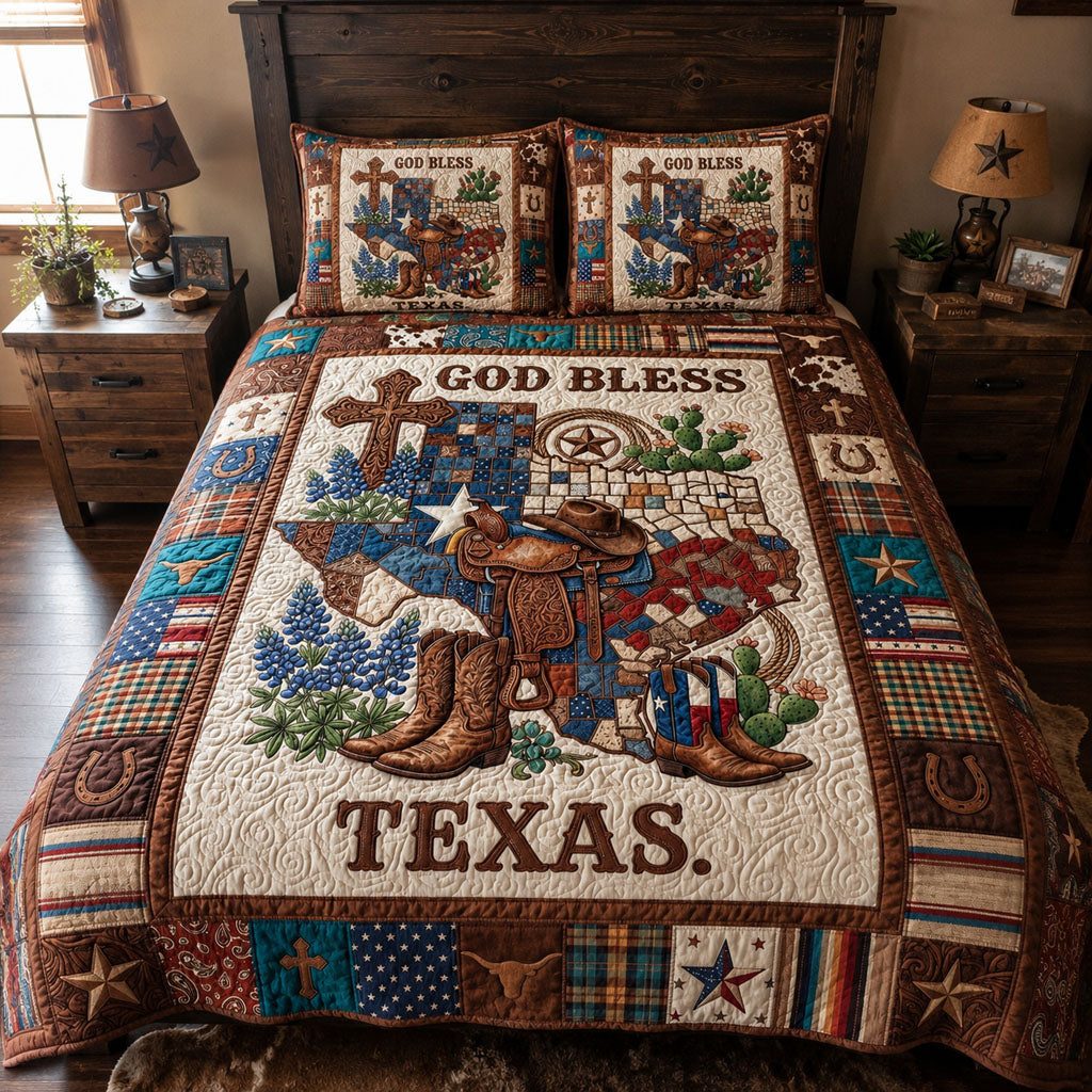 Lone Star Sanctuary quilted 3-piece bedding set on a made bed with two matching pillow shams