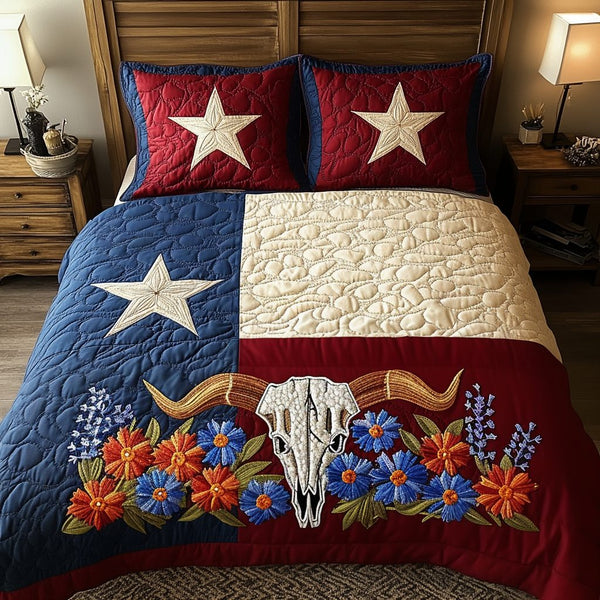 Lone Star Spirit quilted 3-piece bedding set on a made bed with two matching pillow shams
