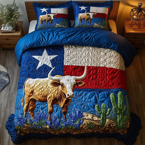 Lone Star Spirit quilted 3-piece bedding set on a made bed with two matching pillow shams
