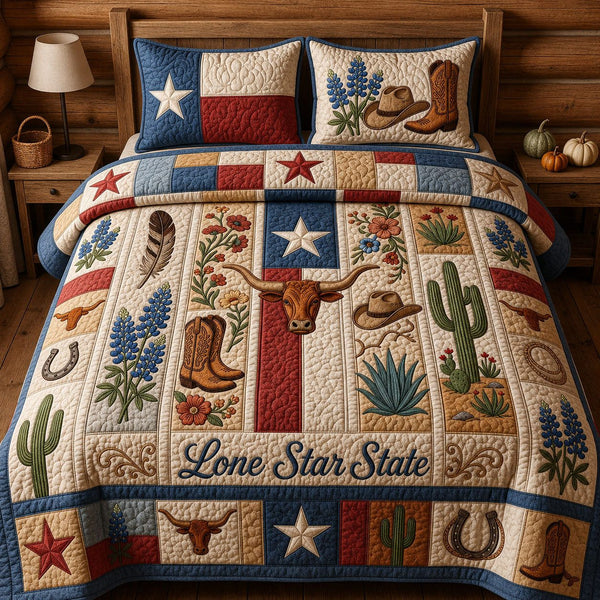 Lone Star State quilted 3-piece bedding set on a made bed with two matching pillow shams
