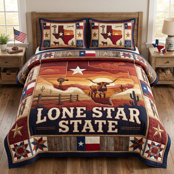 Lone Star State Texas quilted 3-piece bedding set on a made bed in a rustic timber bedroom