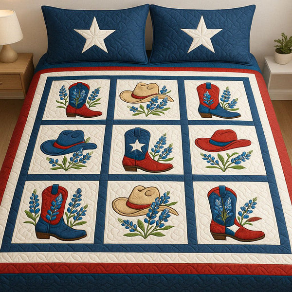 Lone Star Style quilted 3-piece bedding set on a made bed with two matching pillow shams