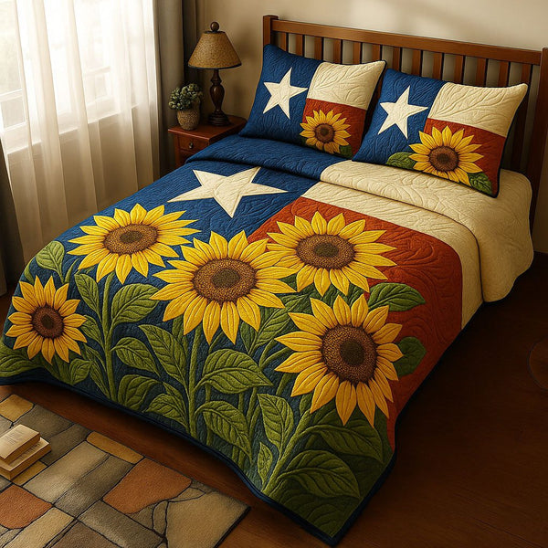 Lone Star Sunflowers quilted 3-piece bedding set on a made bed with two matching pillow shams