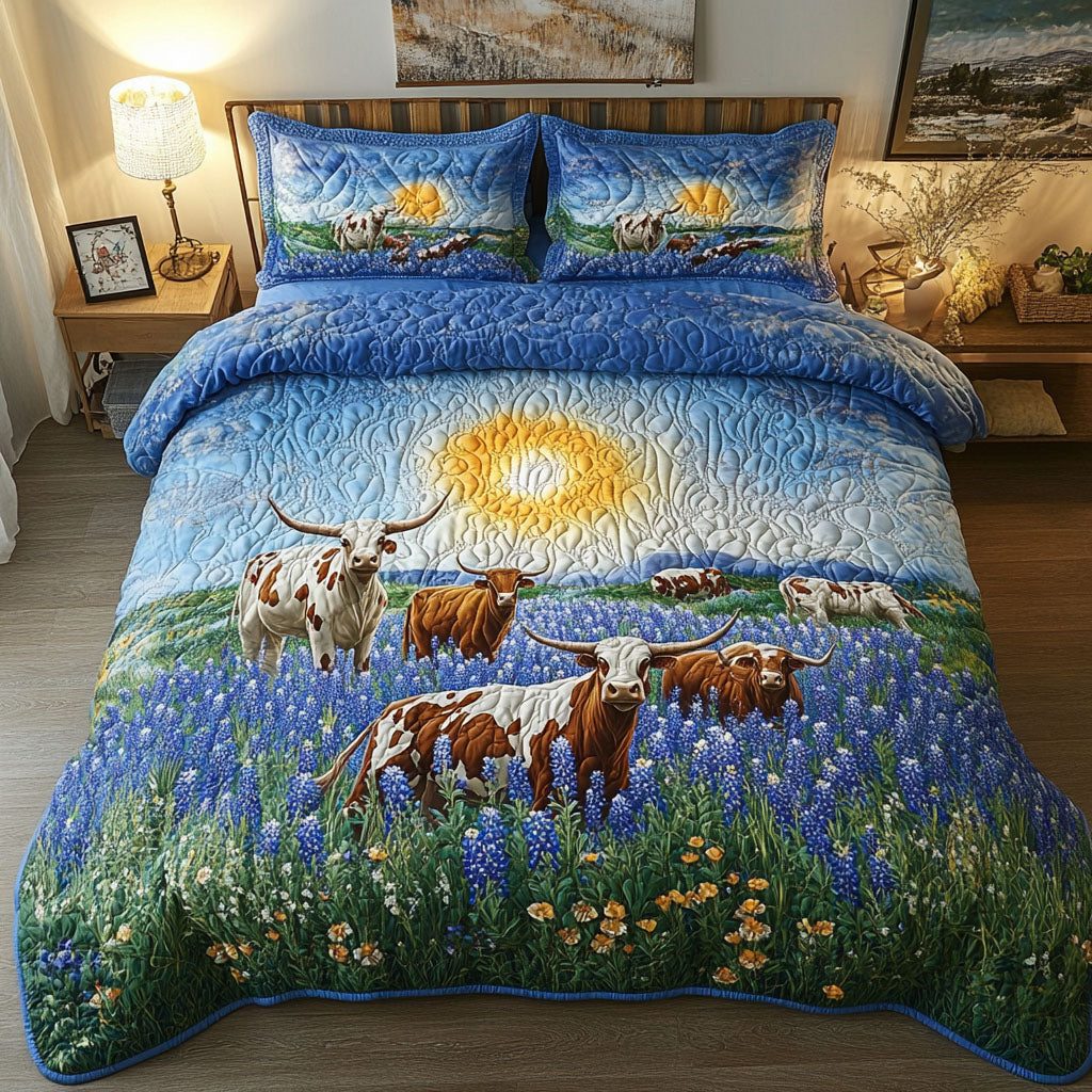 Lone Star Sunrise quilted 3-piece bedding set on a made bed with two matching pillow shams