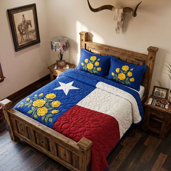 Lone State quilted 3-piece bedding set on a made bed with two matching pillow shams