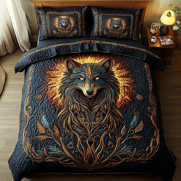 Lone Wanderer quilted 3-piece bedding set on a made bed with two matching pillow shams