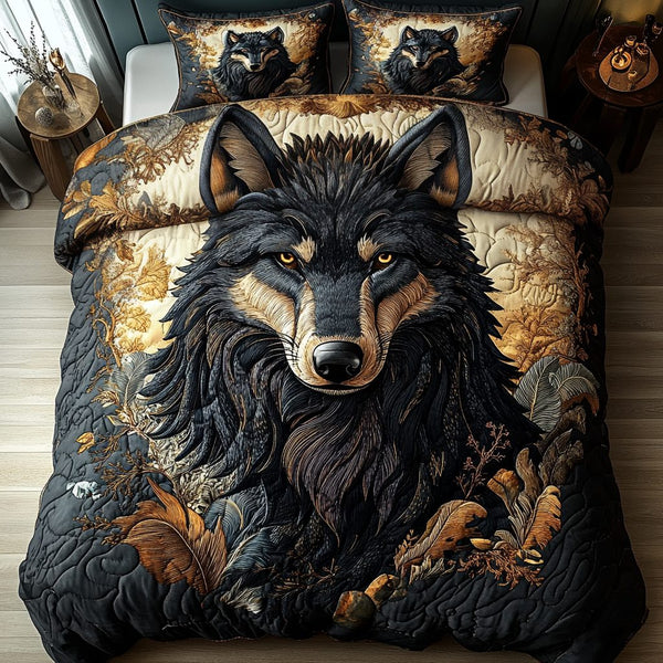 Lone Wanderer quilted 3-piece bedding set on a made bed with two matching pillow shams