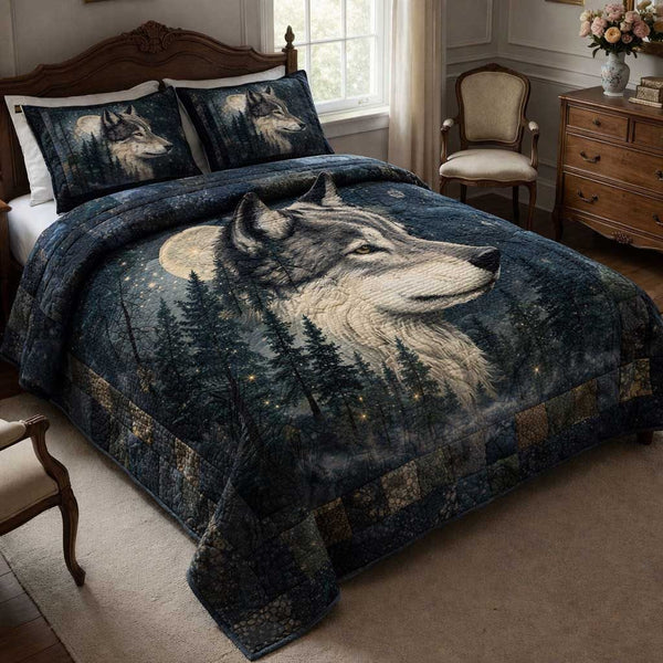 Lone Wolf quilted 3-piece bedding set on a made bed with two matching pillow shams
