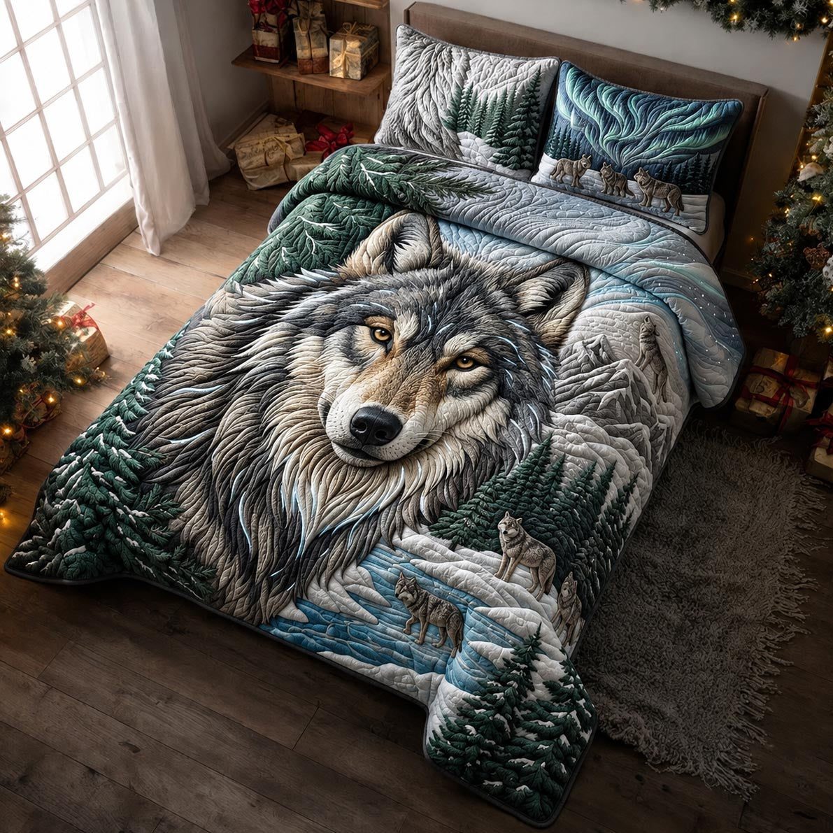 Lone Wolf quilted 3-piece bedding set on a made bed with two matching pillow shams