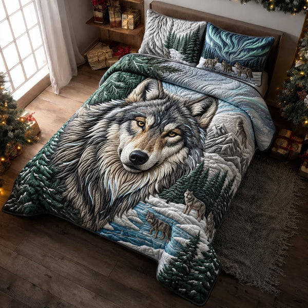 Lone Wolf quilted 3-piece bedding set on a made bed with two matching pillow shams