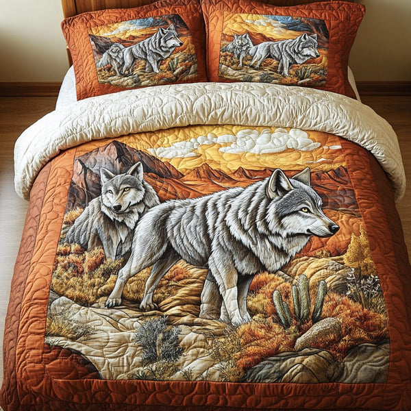Lone Wolf quilted 3-piece bedding set on a made bed with two matching pillow shams