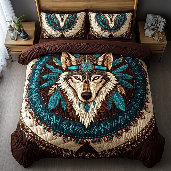Lone Wolf quilted 3-piece bedding set on a made bed with two matching pillow shams