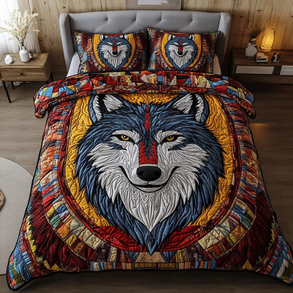 Lone Wolf quilted 3-piece bedding set on a made bed with two matching pillow shams