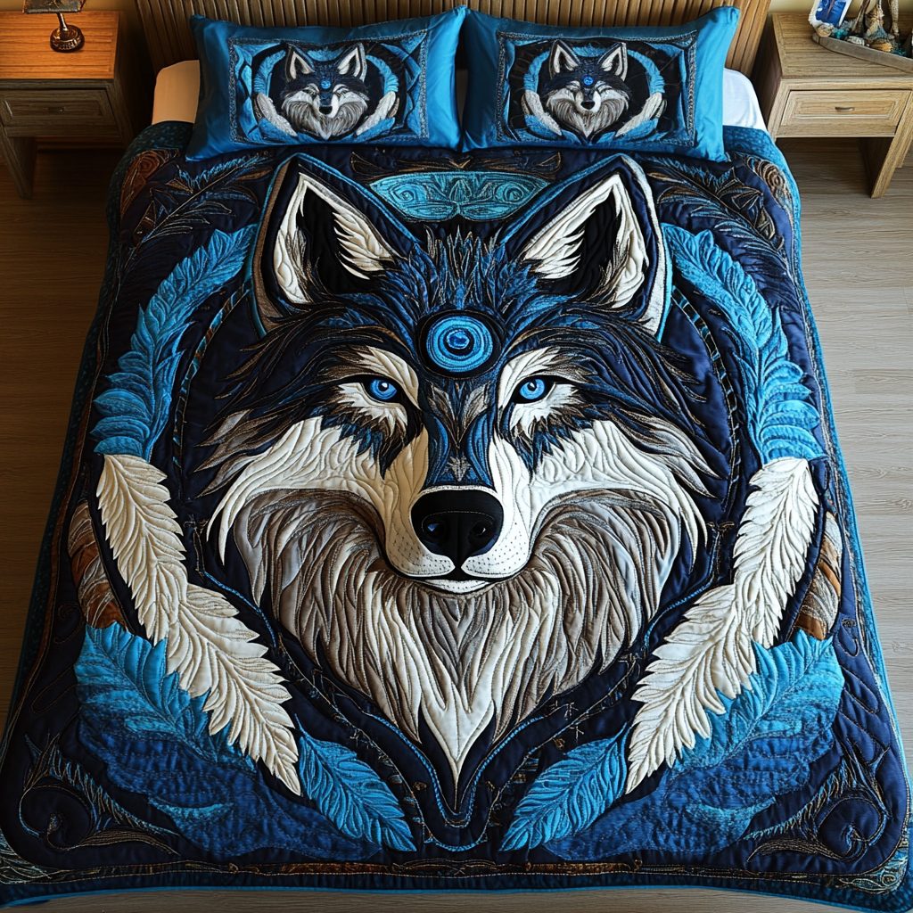 Lone Wolf Spirit quilted 3-piece bedding set on a made bed with two matching pillow shams