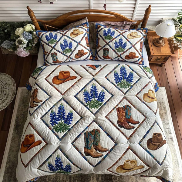 LoneStar Meadow quilted 3-piece bedding set on a made bed with two matching pillow shams