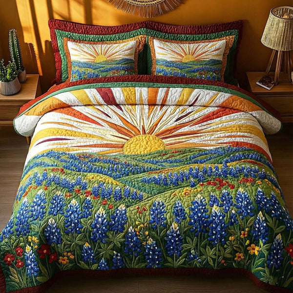LoneStar Meadow quilted 3-piece bedding set on a made bed with two matching pillow shams