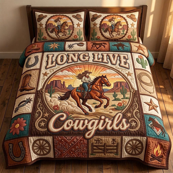 Long Live Cowgirl quilted 3-piece bedding set on a made bed in a rustic timber bedroom