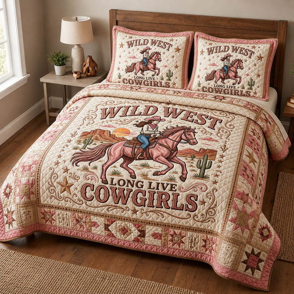 Long Live Cowgirls quilted 3-piece bedding set on a made bed in a rustic timber bedroom