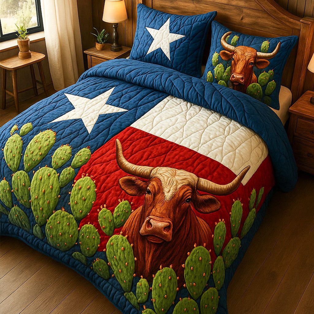 Longhorn and Cactus quilted 3-piece bedding set on a made bed in a rustic timber bedroom