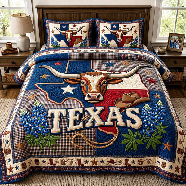 Longhorn Bloom quilted 3-piece bedding set on a made bed in a rustic timber bedroom