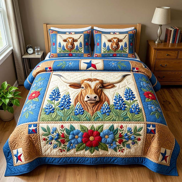 Longhorn Bluebonnet quilted 3-piece bedding set on a made bed in a rustic timber bedroom