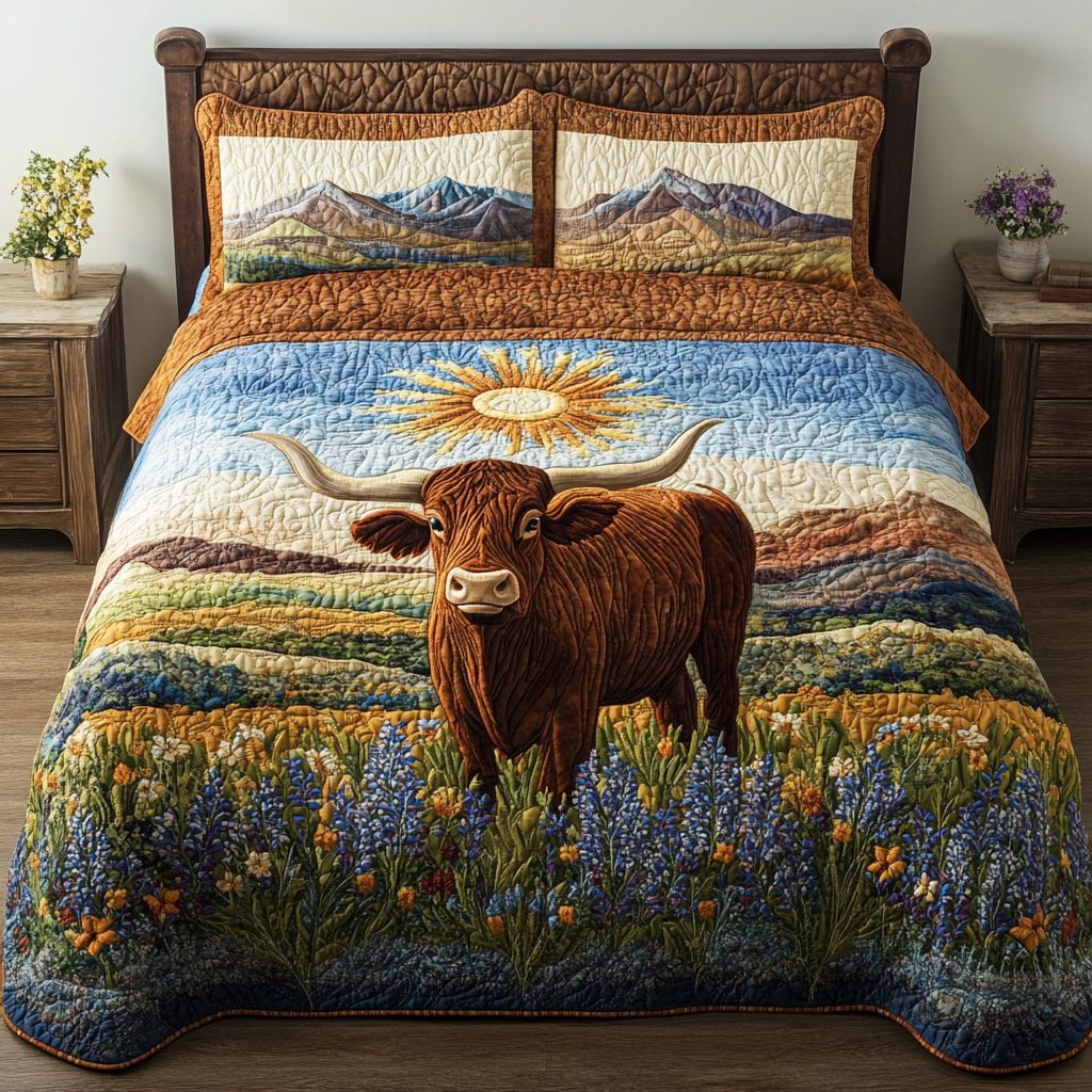 Longhorn Breeze quilted 3-piece bedding set on a made bed in a rustic timber bedroom