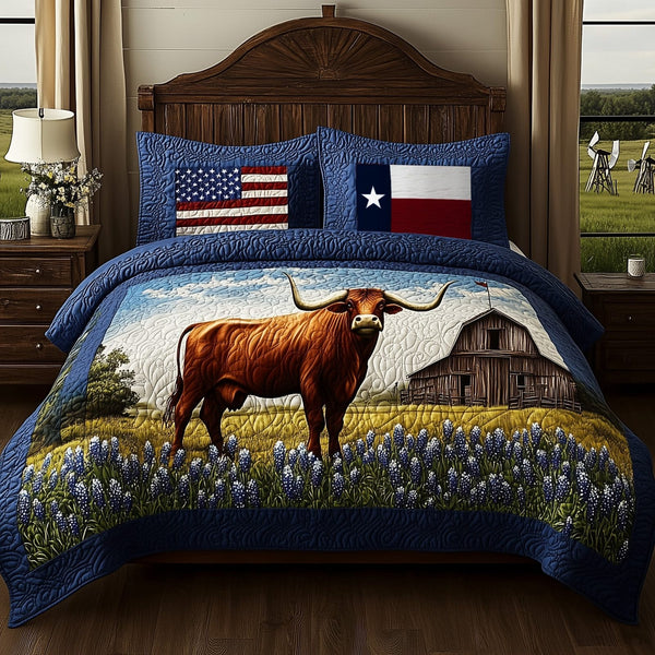 Longhorn Cattle quilted 3-piece bedding set on a made bed in a rustic timber bedroom