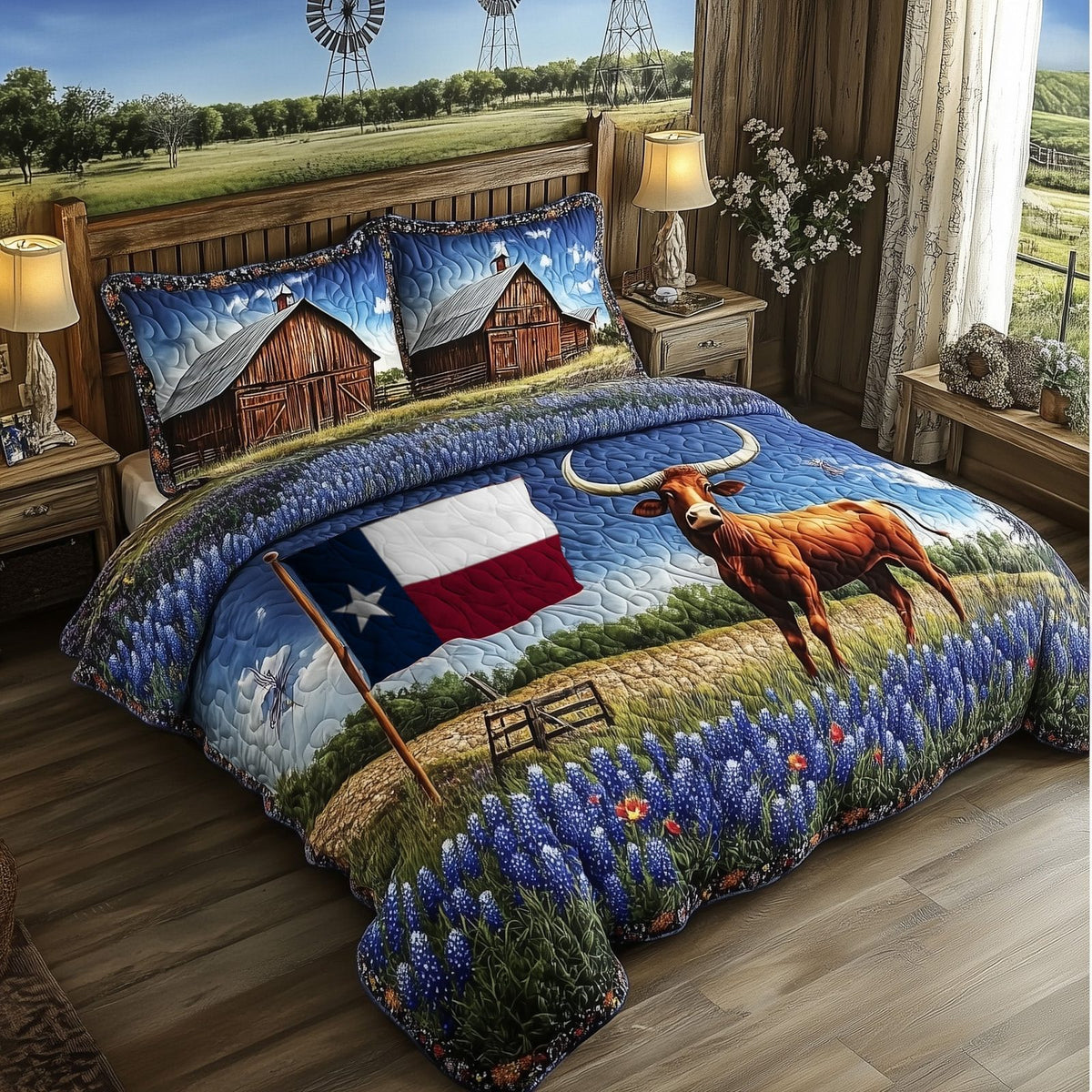 Longhorn Cattle quilted 3-piece bedding set on a made bed in a rustic timber bedroom