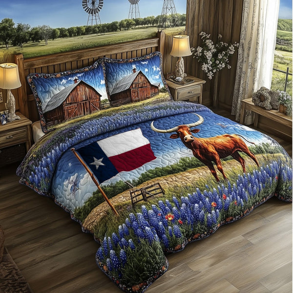 Longhorn Cattle quilted 3-piece bedding set on a made bed in a rustic timber bedroom