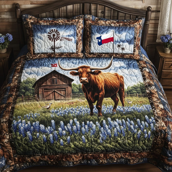 Longhorn Cattle quilted 3-piece bedding set on a made bed in a rustic timber bedroom