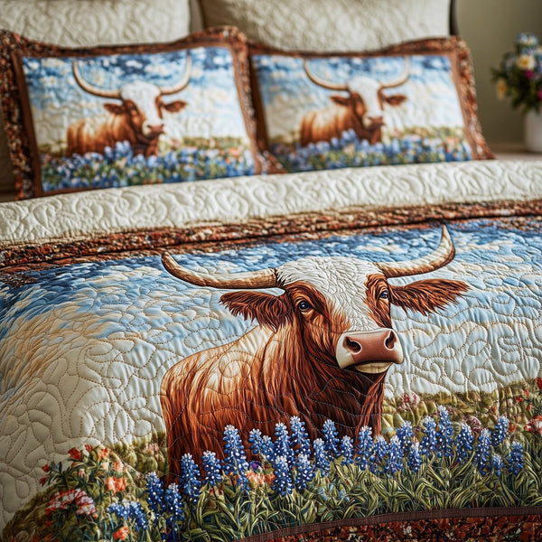 Longhorn Cattle quilted 3-piece bedding set on a made bed in a rustic timber bedroom