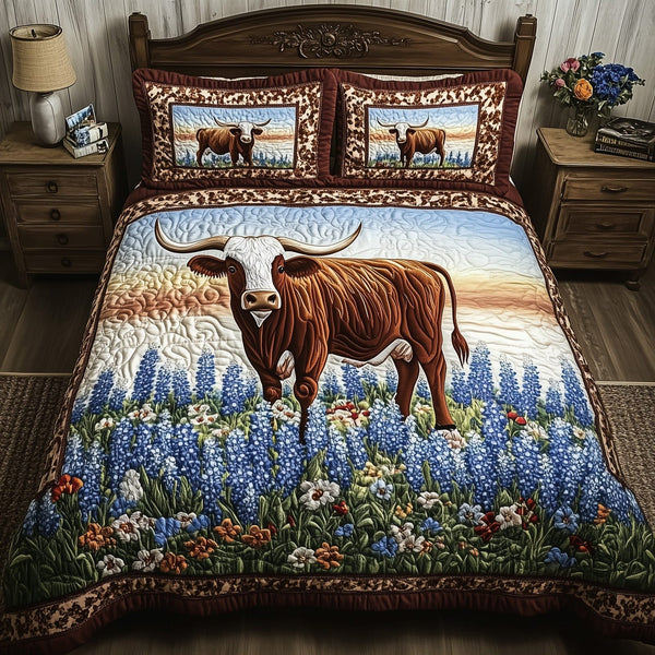 Longhorn Cattle quilted 3-piece bedding set on a made bed in a rustic timber bedroom