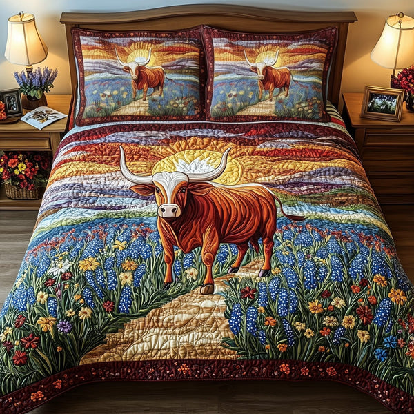 Longhorn Cattle quilted 3-piece bedding set on a made bed in a rustic timber bedroom