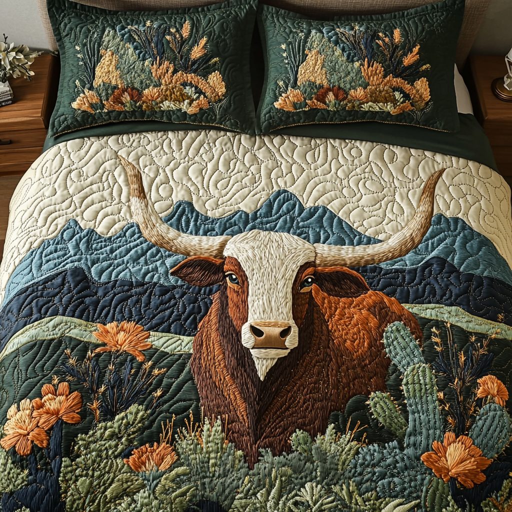Longhorn Cattle quilted 3-piece bedding set on a made bed in a rustic timber bedroom
