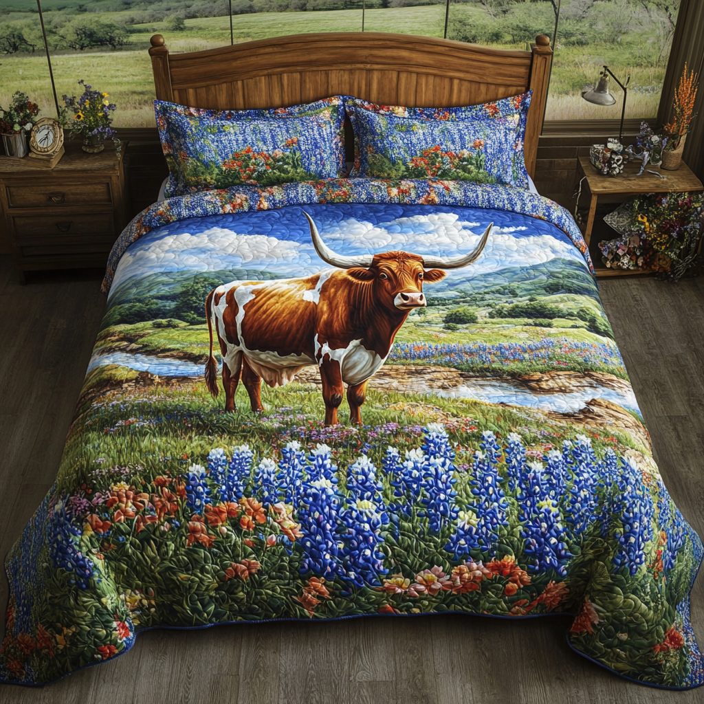 Longhorn Cow Charm quilted 3-piece bedding set on a made bed in a rustic timber bedroom