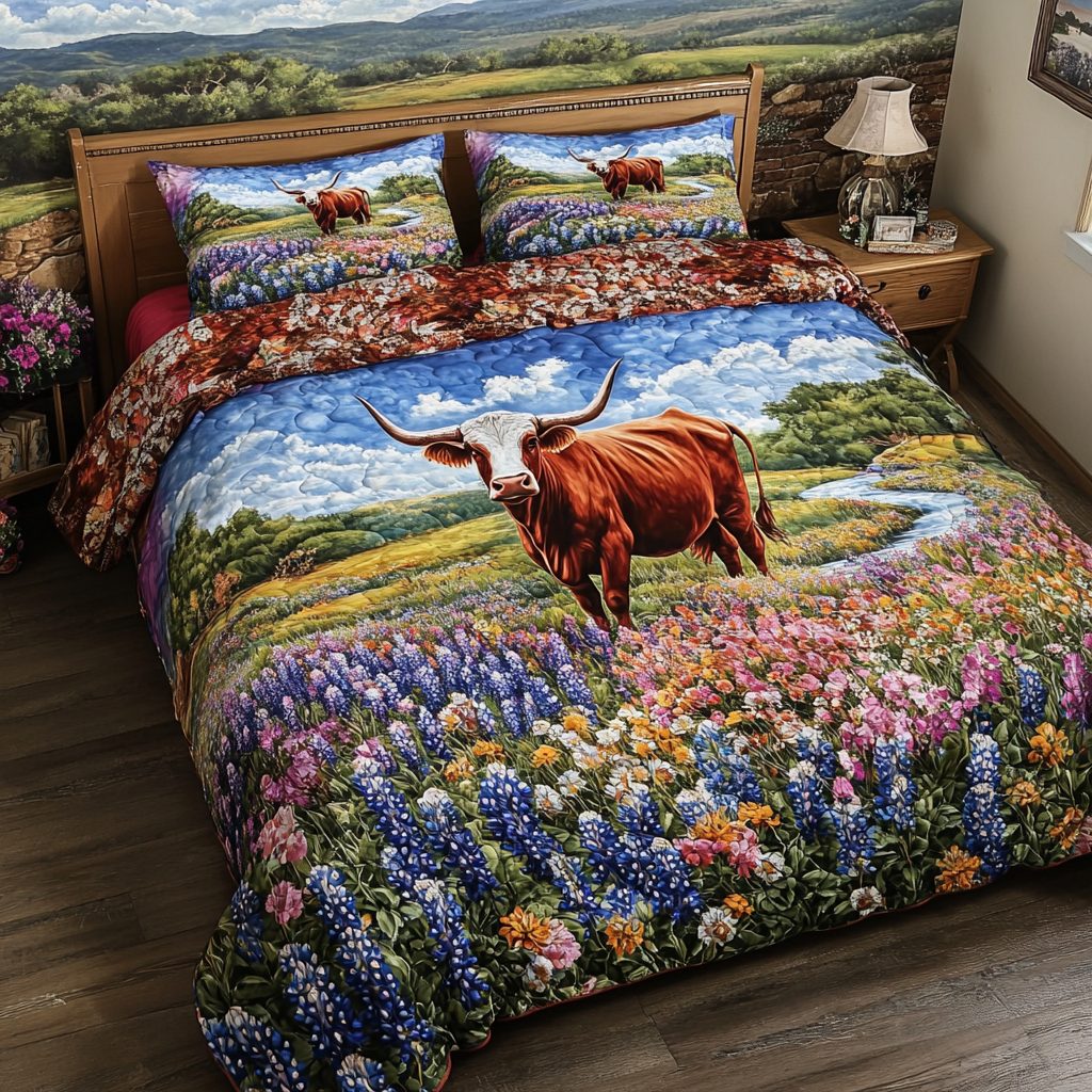 Longhorn Cow Dream quilted 3-piece bedding set on a made bed in a rustic timber bedroom