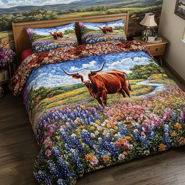 Longhorn Cow Dream quilted 3-piece bedding set on a made bed in a rustic timber bedroom
