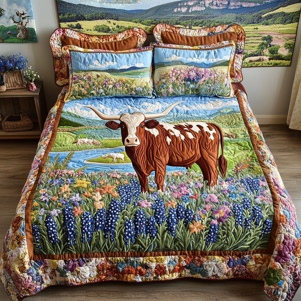 Longhorn Cow Glory quilted 3-piece bedding set on a made bed in a rustic timber bedroom
