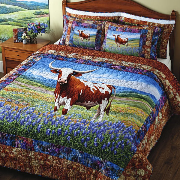 Longhorn Cow Heritage quilted 3-piece bedding set on a made bed in a rustic timber bedroom