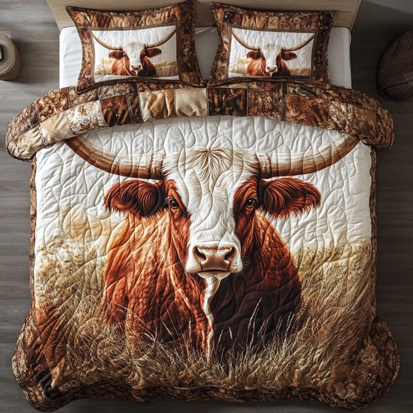 Longhorn Cow Legacy quilted 3-piece bedding set on a made bed in a rustic timber bedroom