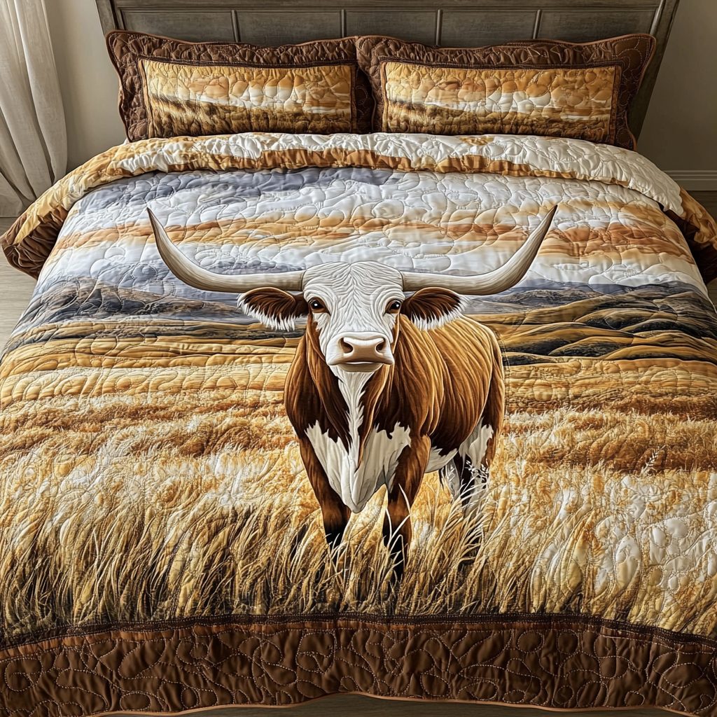 Longhorn Cow Spirit quilted 3-piece bedding set on a made bed in a rustic timber bedroom