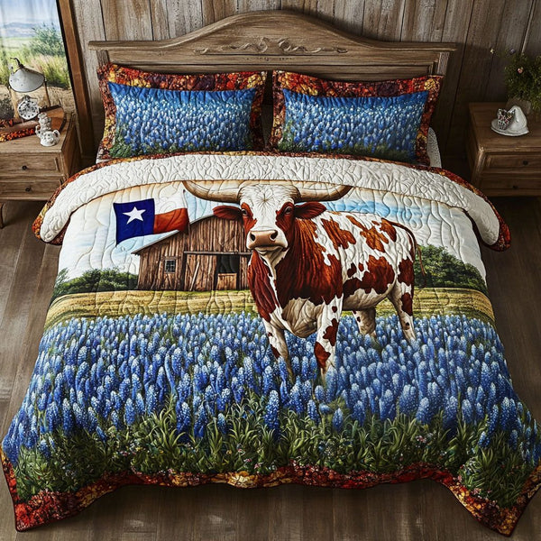 Longhorn Dreams quilted 3-piece bedding set on a made bed in a rustic timber bedroom