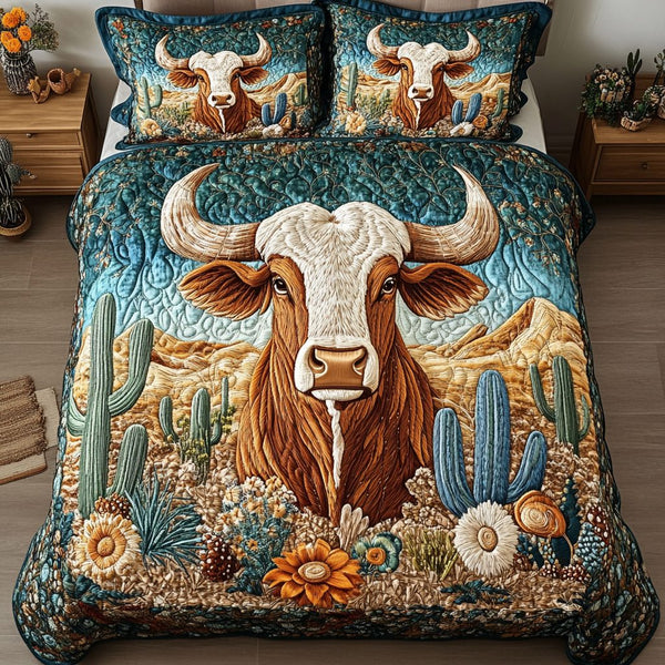 Longhorn Dreams quilted 3-piece bedding set on a made bed in a rustic timber bedroom